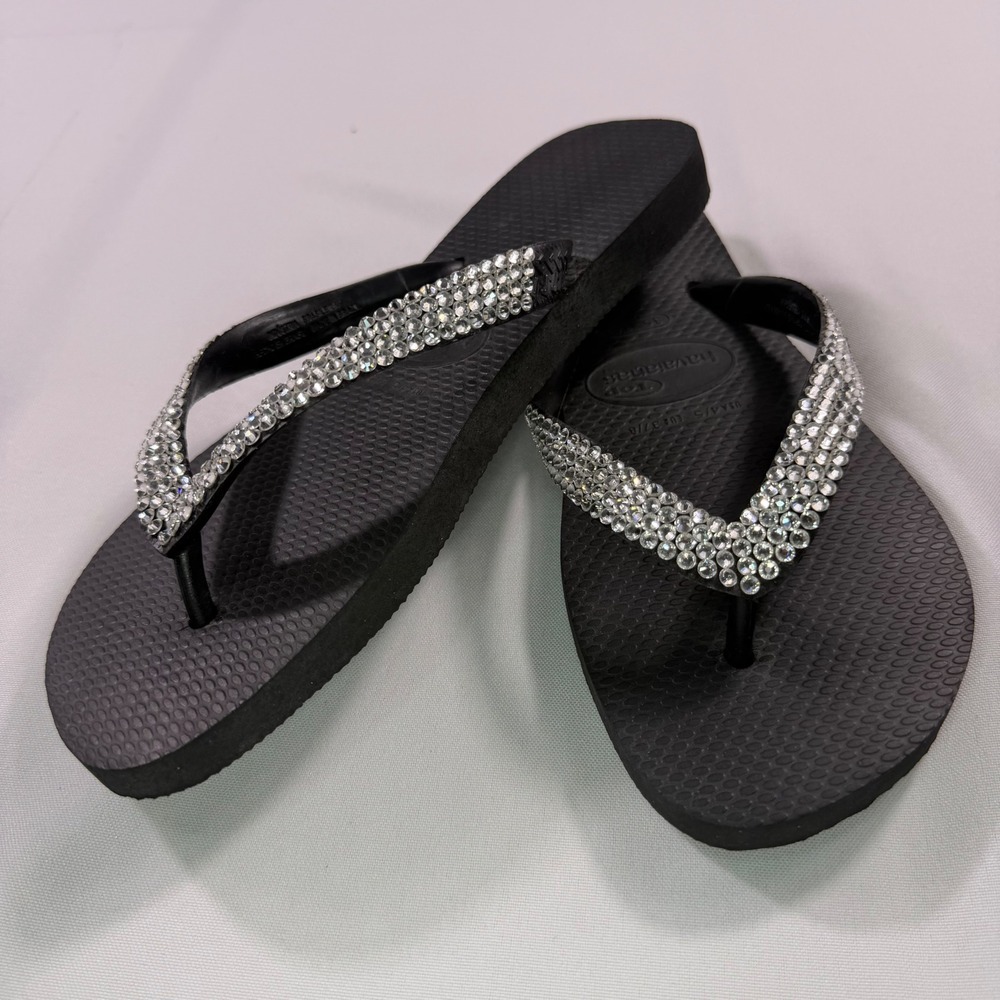 Havaianas Top‎ Black Rhinestone Embellished Platform Wedge Flip Flops Womens 4/5